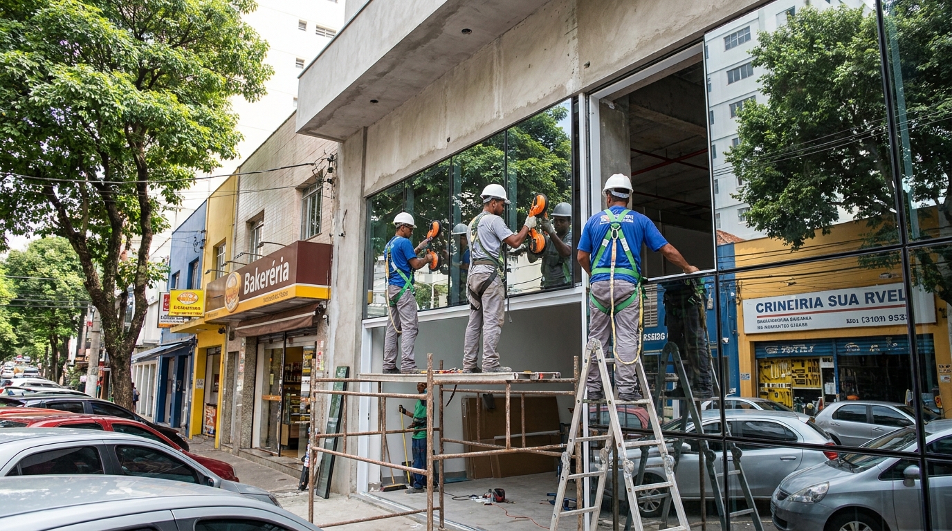 Fachada de vidro com confeitaria vizinha em Barueri-SP