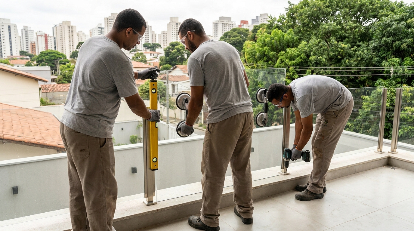 Guarda-corpo em terraço alto com vista cidade em Barueri-SP