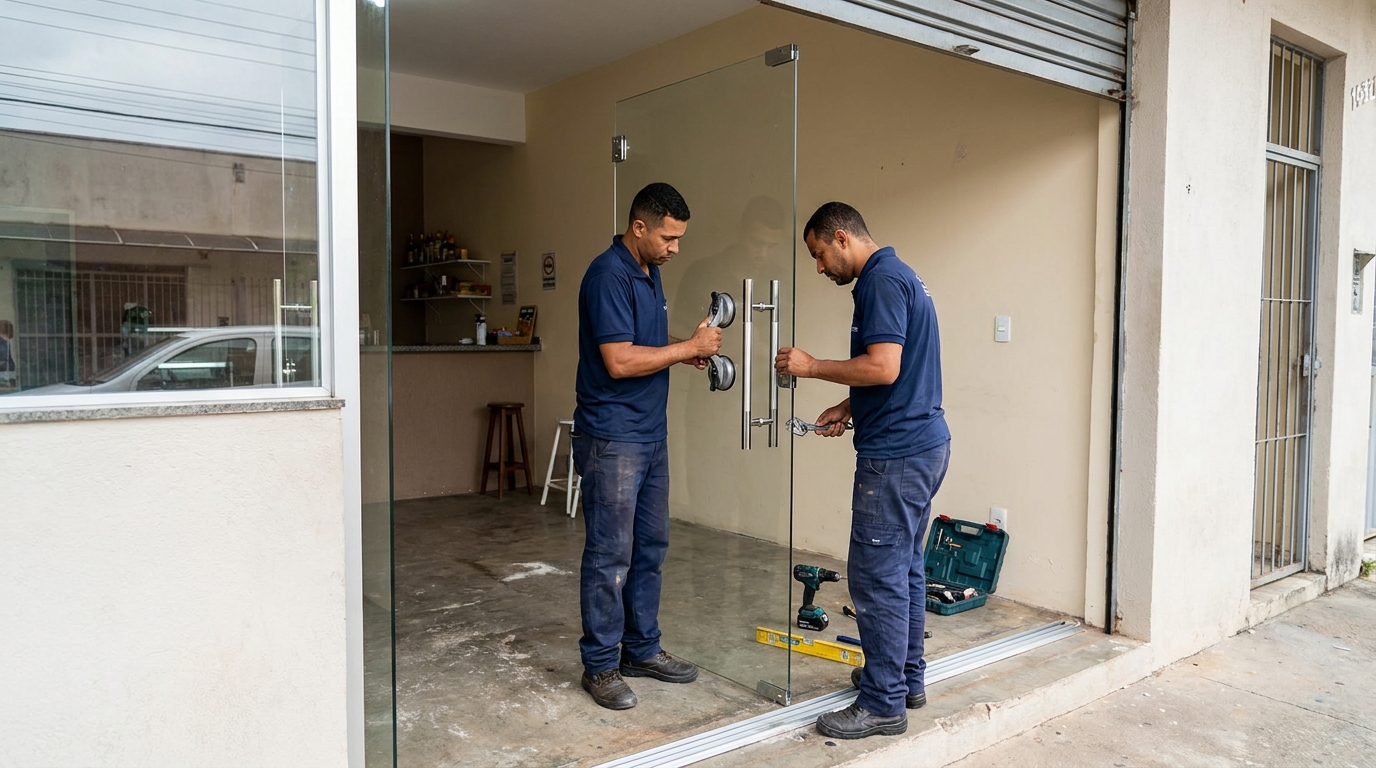 Dupla instalando porta de vidro em loja em Barueri-SP